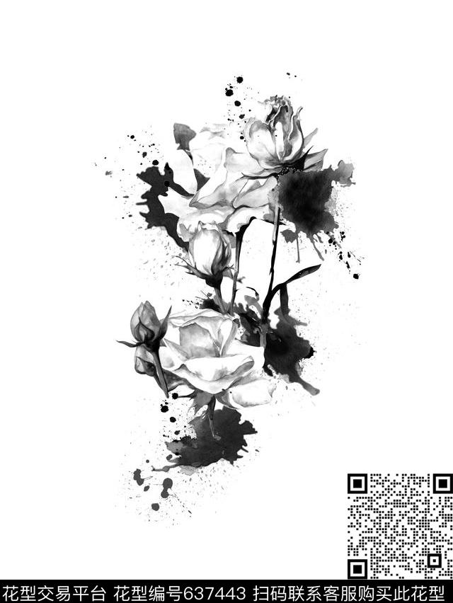 水墨玫瑰不是莲花哦喷溅数码印花华亿平台下载（图片编号: 637443） - 瓦栏（Walan）