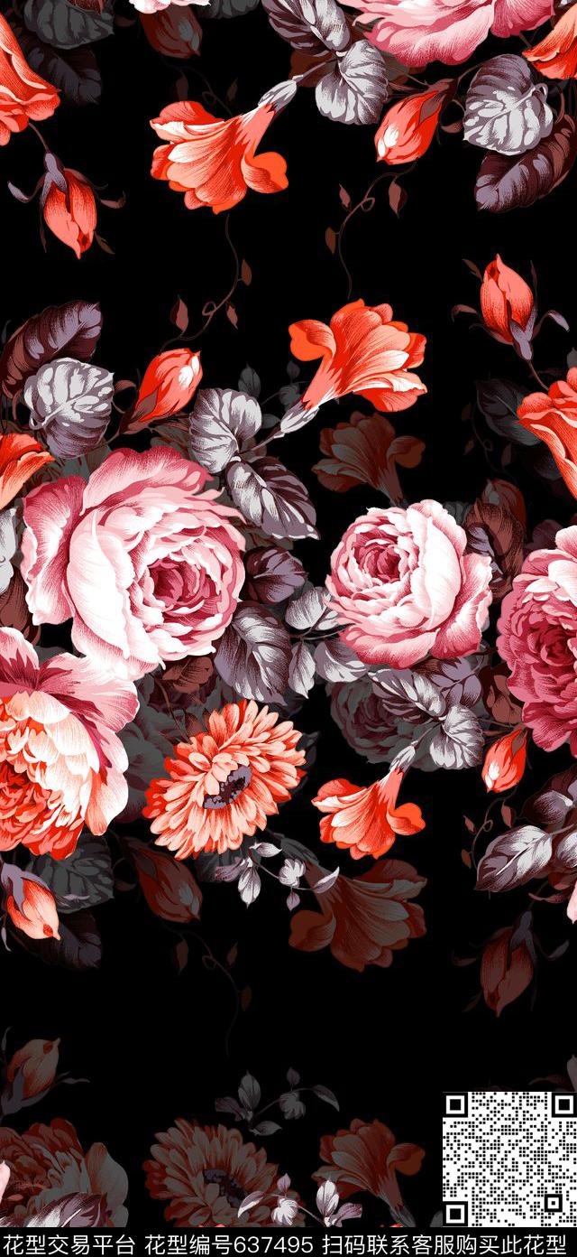 玫瑰花手绘花卉复古花卉数码印花华亿平台下载（图片编号: 637495） - 瓦栏（Walan）