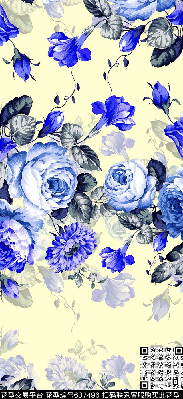 玫瑰花手绘花卉复古花卉数码印花华亿平台下载（图片编号: 637496） - 瓦栏（Walan）