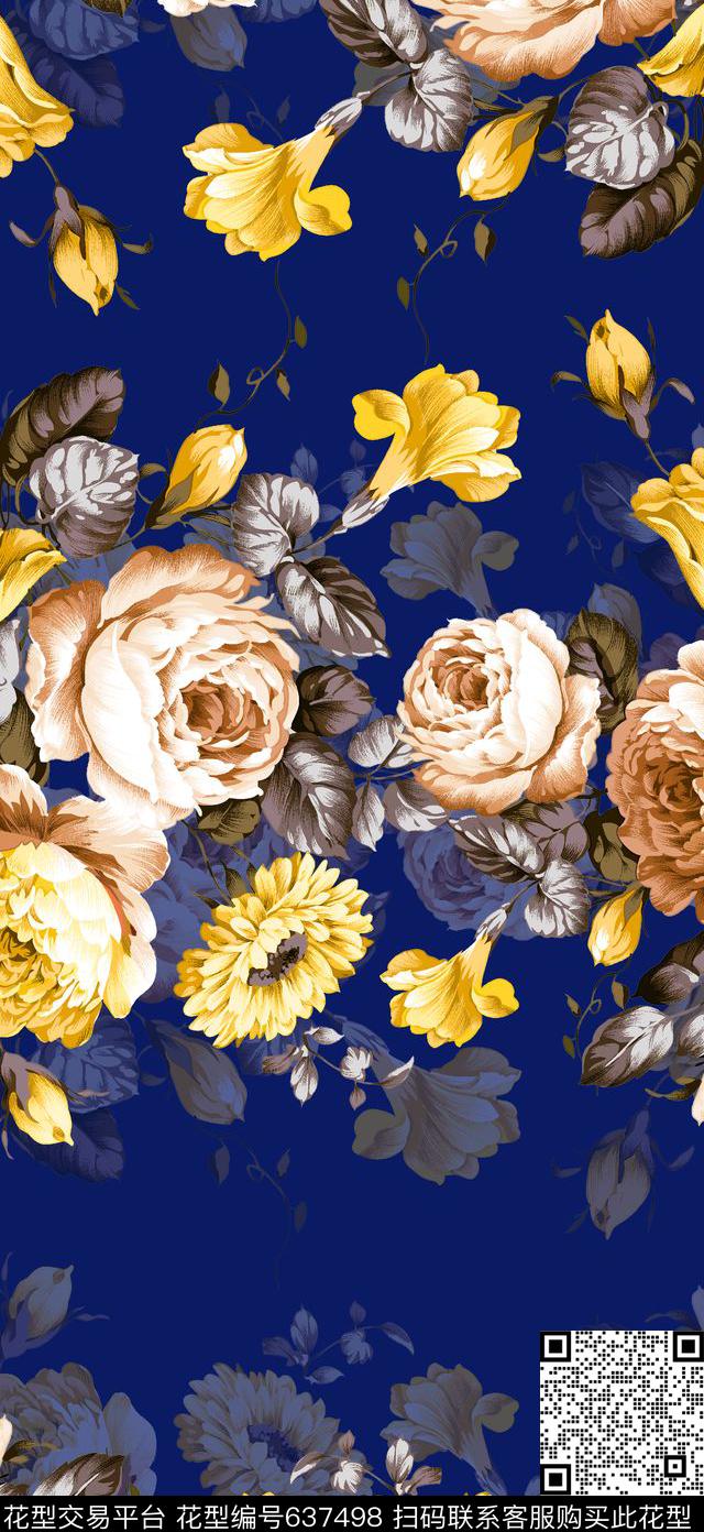 玫瑰花手绘花卉复古花卉数码印花华亿平台下载（图片编号: 637498） - 瓦栏（Walan）