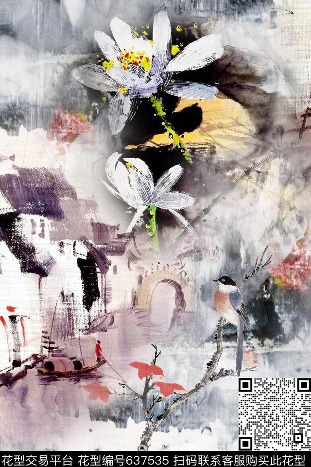 山水画民族风中国风数码印花华亿平台下载（图片编号: 637535） - 瓦栏（Walan）