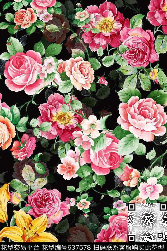 花卉中国风黑底花卉数码印花华亿平台下载（图片编号: 637578） - 瓦栏（Walan）