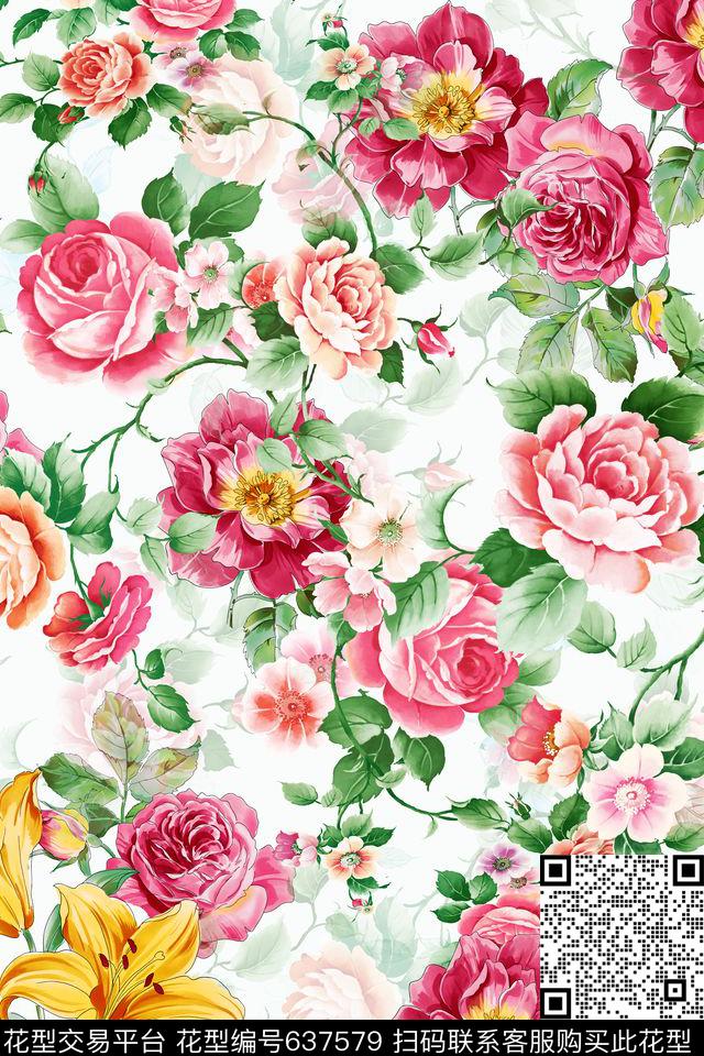 花卉中国风黑底花卉数码印花华亿平台下载（图片编号: 637579） - 瓦栏（Walan）