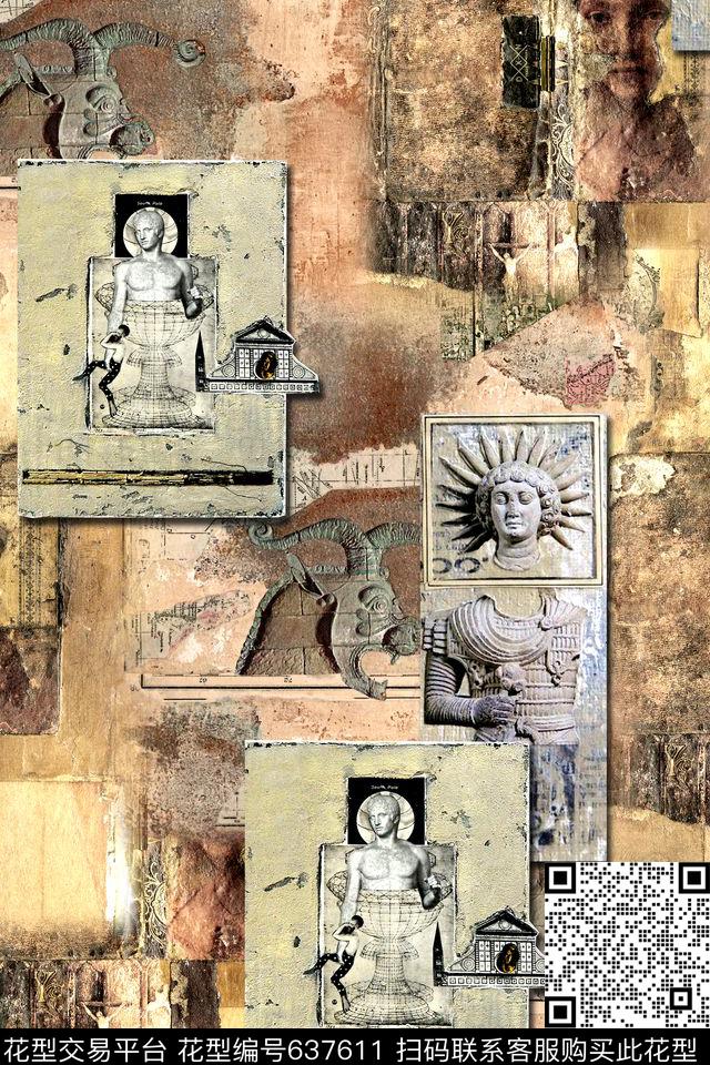 抽象几何复古数码印花华亿平台下载（图片编号: 637611） - 瓦栏（Walan）