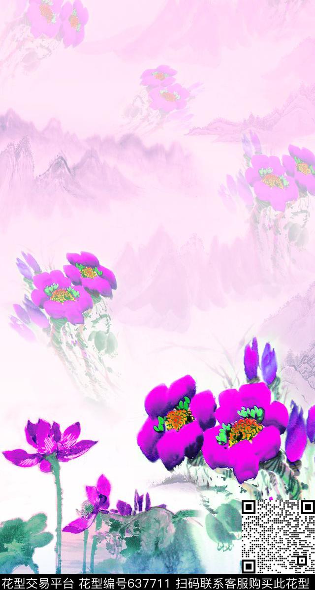 中国风定位花花卉牡丹渐变色数码印花华亿平台下载（图片编号: 637711） - 瓦栏（Walan）