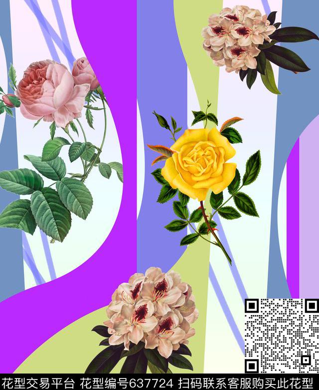 条纹花卉几何数码印花华亿平台下载（图片编号: 637724） - 瓦栏（Walan）