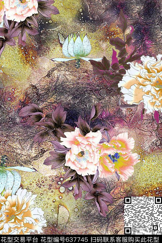 中国风花卉牡丹数码印花华亿平台下载（图片编号: 637745） - 瓦栏（Walan）