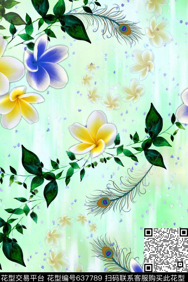花枝叶子连衣裙花卉数码印花华亿平台下载（图片编号: 637789） - 瓦栏（Walan）