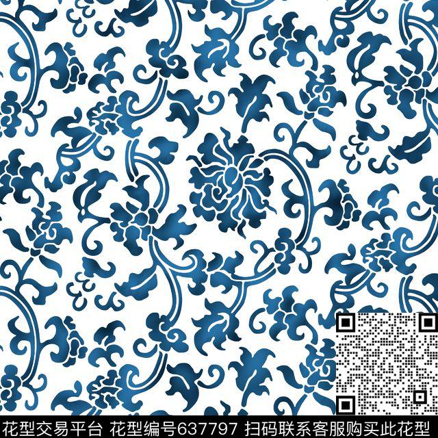 青花瓷民族风中国风数码印花华亿平台下载（图片编号: 637797） - 瓦栏（Walan）