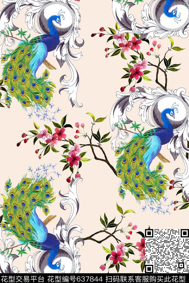 抽象手绘满版乱花花鸟动物清爽花卉数码印花华亿平台下载（图片编号: 637844） - 瓦栏（Walan）