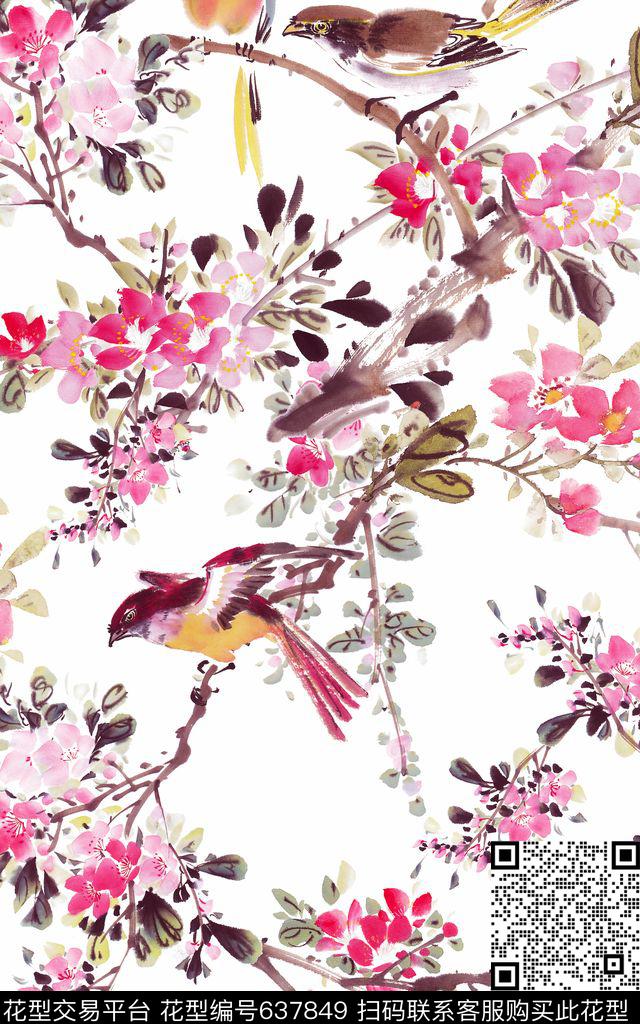 工笔画中国风花鸟数码印花华亿平台下载（图片编号: 637849） - 瓦栏（Walan）