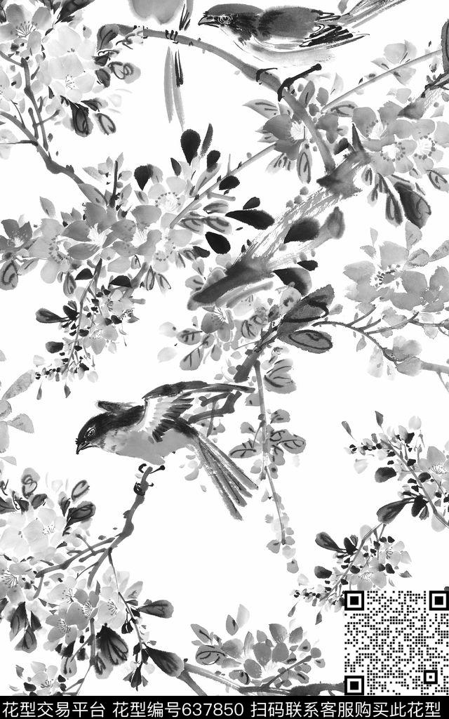 工笔画中国风花鸟数码印花华亿平台下载（图片编号: 637850） - 瓦栏（Walan）