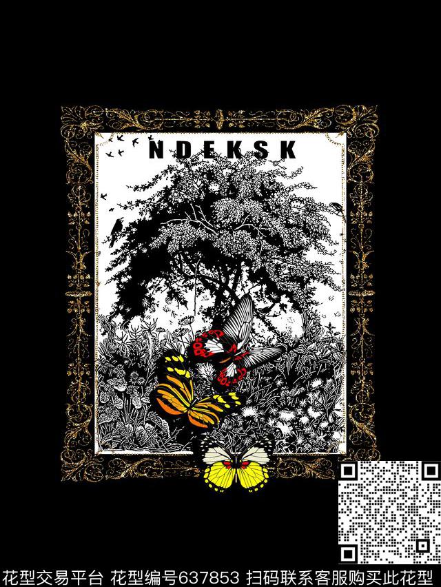 抽象树蝴蝶男装T恤数码印花华亿平台下载（图片编号: 637853） - 瓦栏（Walan）