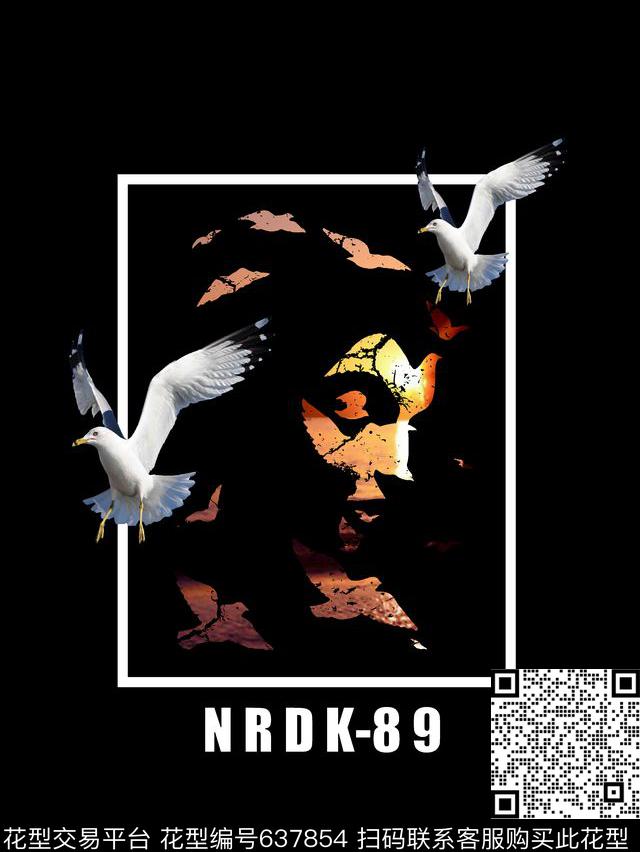 抽象人物像飞鸟男装T恤数码印花华亿平台下载（图片编号: 637854） - 瓦栏（Walan）