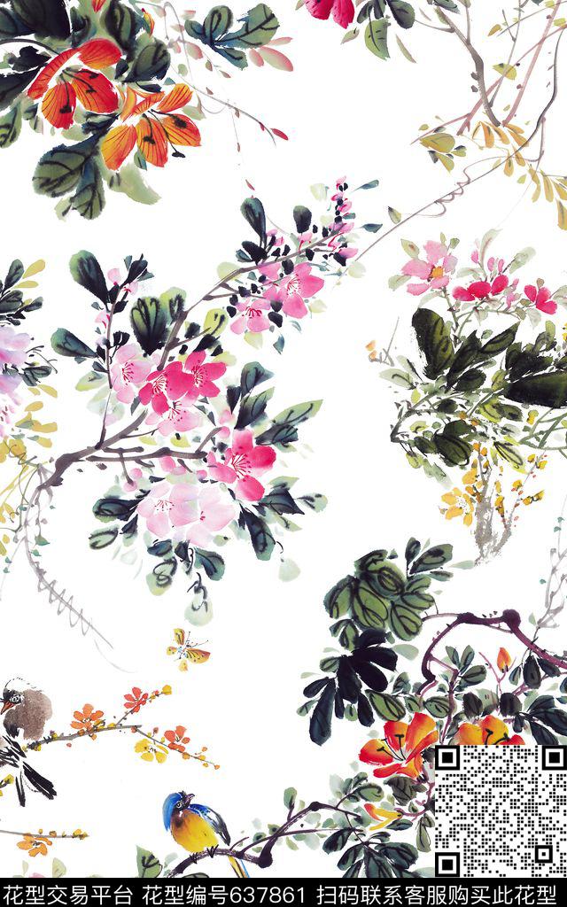 工笔画中国风花鸟数码印花华亿平台下载（图片编号: 637861） - 瓦栏（Walan）