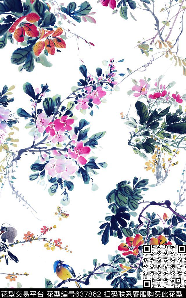 工笔画中国风花鸟数码印花华亿平台下载（图片编号: 637862） - 瓦栏（Walan）
