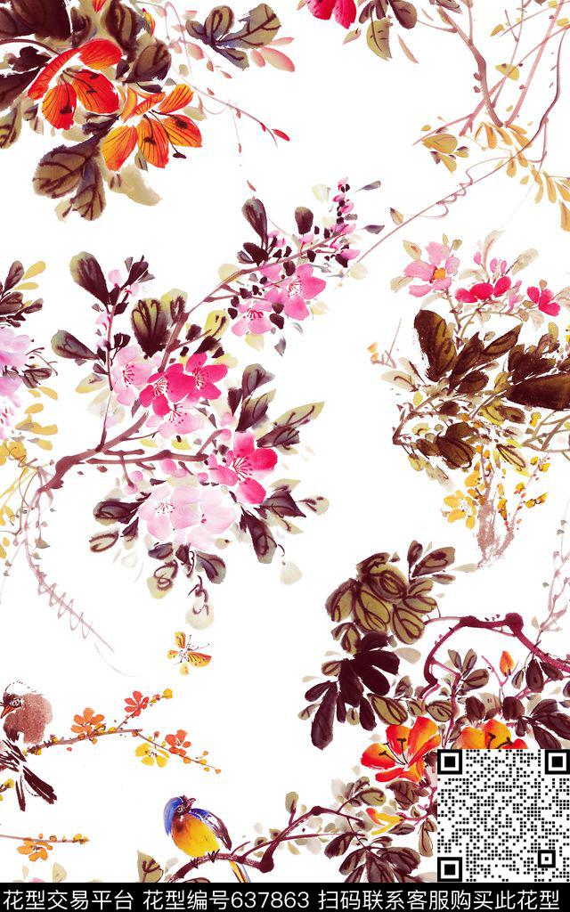工笔画中国风花鸟数码印花华亿平台下载（图片编号: 637863） - 瓦栏（Walan）