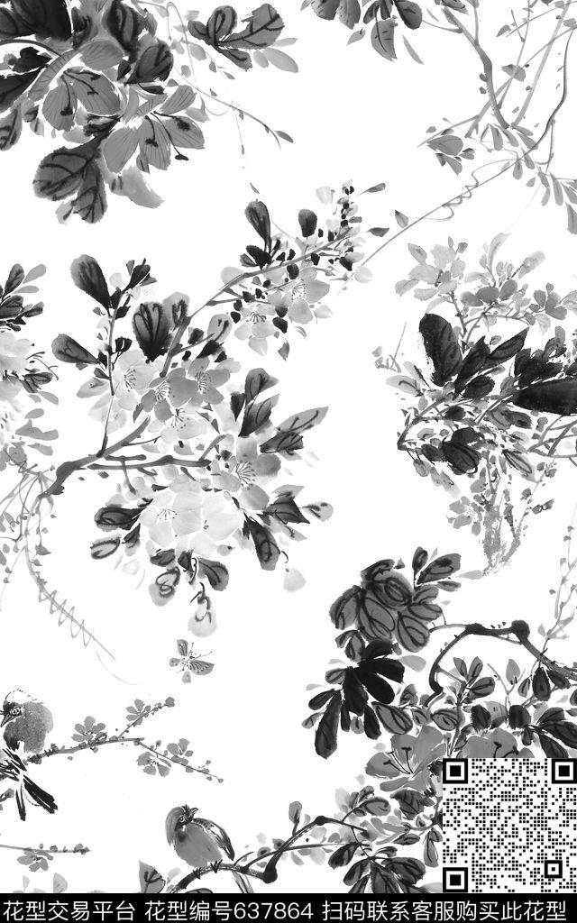 工笔画中国风花鸟数码印花华亿平台下载（图片编号: 637864） - 瓦栏（Walan）