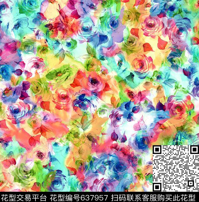 大牌手绘花卉拼贴华亿平台花卉七彩缤纷玫瑰花卉数码印花华亿平台下载（图片编号: 637957） - 瓦栏（Walan）