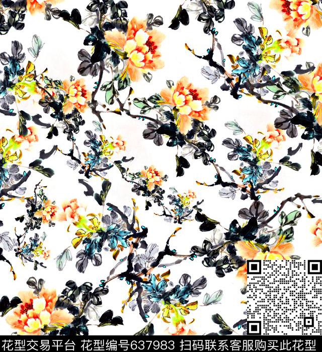 水墨画荷花花朵数码印花华亿平台下载（图片编号: 637983） - 瓦栏（Walan）