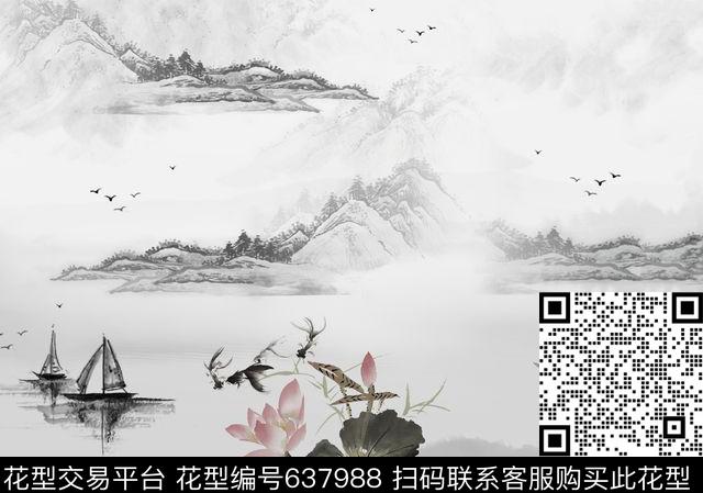 水墨画荷花花卉数码印花华亿平台下载（图片编号: 637988） - 瓦栏（Walan）