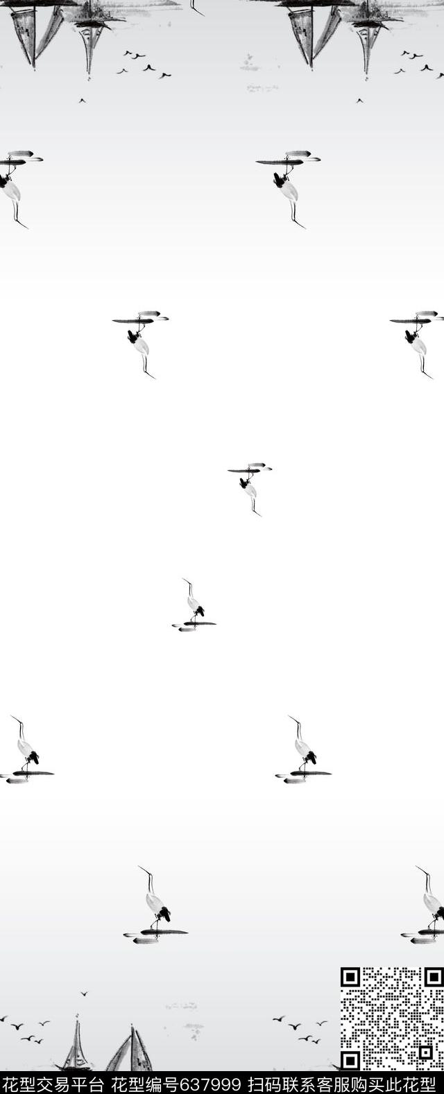 水墨画风景鹤数码印花华亿平台下载（图片编号: 637999） - 瓦栏（Walan）