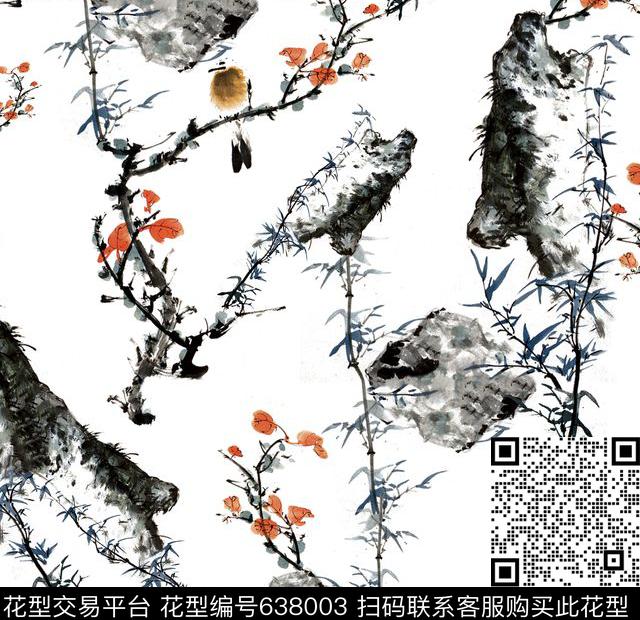 水墨画小碎花花卉数码印花华亿平台下载（图片编号: 638003） - 瓦栏（Walan）