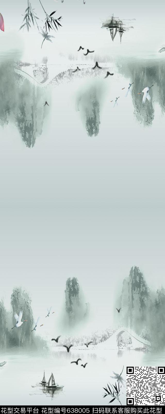 水墨画风景山水数码印花华亿平台下载（图片编号: 638005） - 瓦栏（Walan）