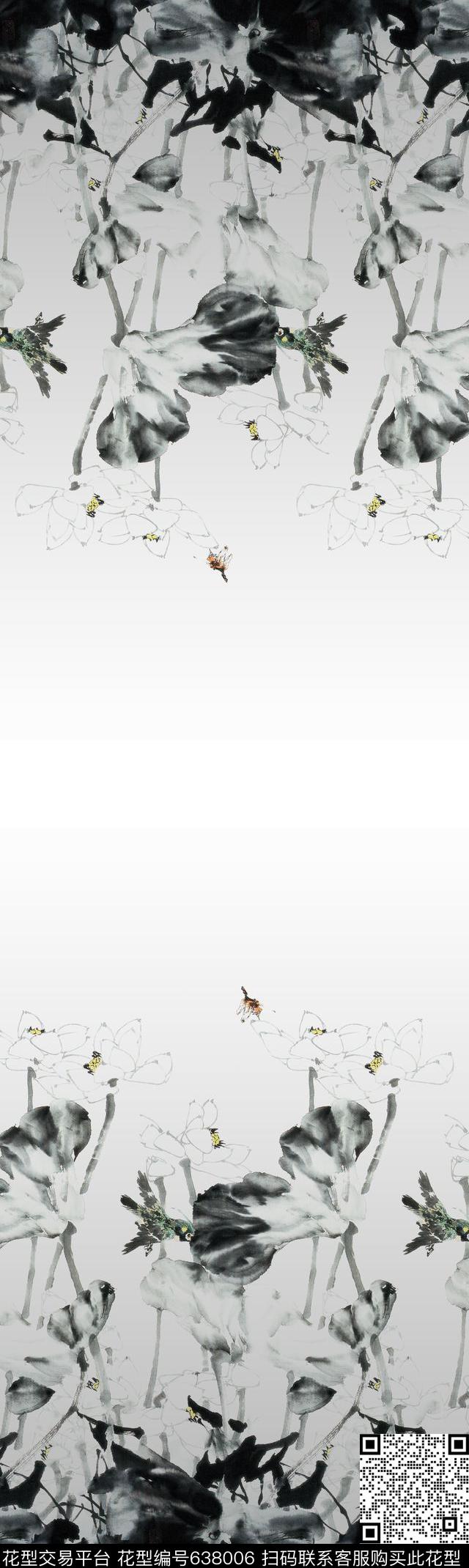 水墨画荷花花朵数码印花华亿平台下载（图片编号: 638006） - 瓦栏（Walan）