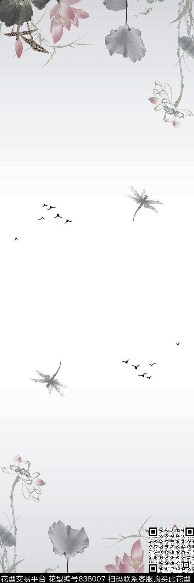 水墨画荷花花朵数码印花华亿平台下载（图片编号: 638007） - 瓦栏（Walan）