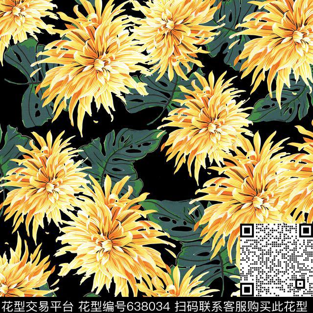 大花花卉菊花数码印花华亿平台下载（图片编号: 638034） - 瓦栏（Walan）