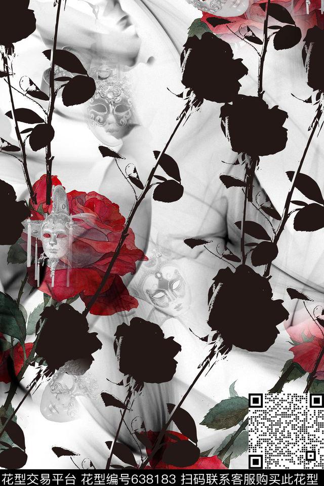 玫瑰趣味面具数码印花华亿平台下载（图片编号: 638183） - 瓦栏（Walan）
