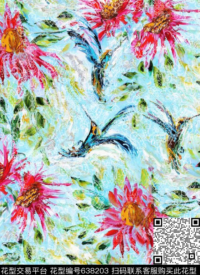 花鸟水彩雏菊数码印花华亿平台下载（图片编号: 638203） - 瓦栏（Walan）