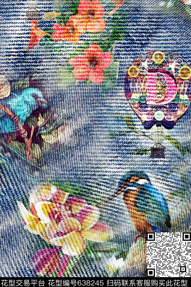 时尚牛仔花卉数码印花华亿平台下载（图片编号: 638245） - 瓦栏（Walan）