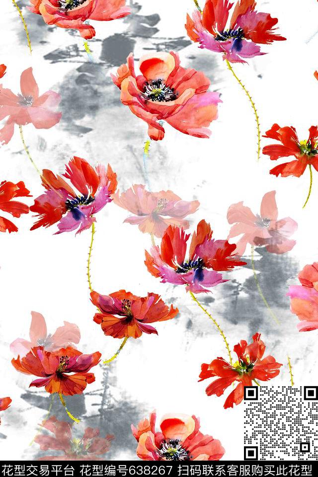 水墨满版花卉数码印花华亿平台下载（图片编号: 638267） - 瓦栏（Walan）