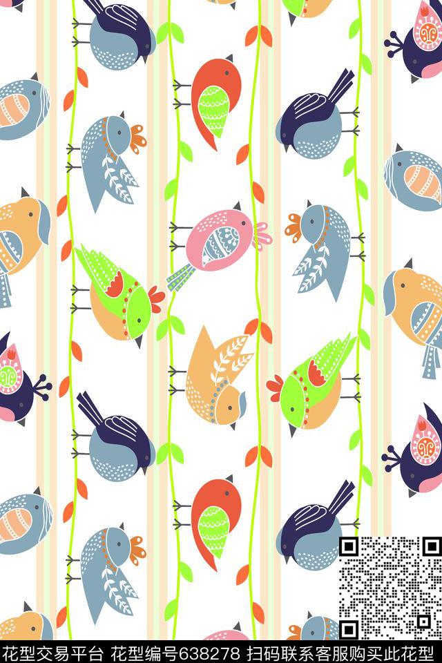 卡通趣味鸟条纹传统印花华亿平台下载（图片编号: 638278） - 瓦栏（Walan）