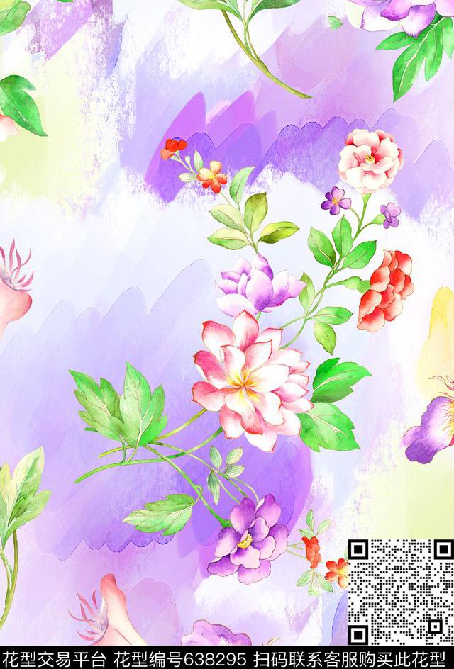 水彩花卉欧美花朵数码印花华亿平台下载（图片编号: 638295） - 瓦栏（Walan）