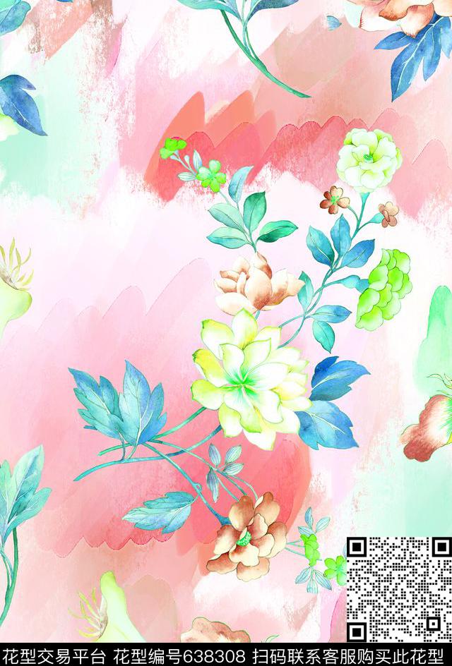水彩花卉欧美花朵数码印花华亿平台下载（图片编号: 638308） - 瓦栏（Walan）