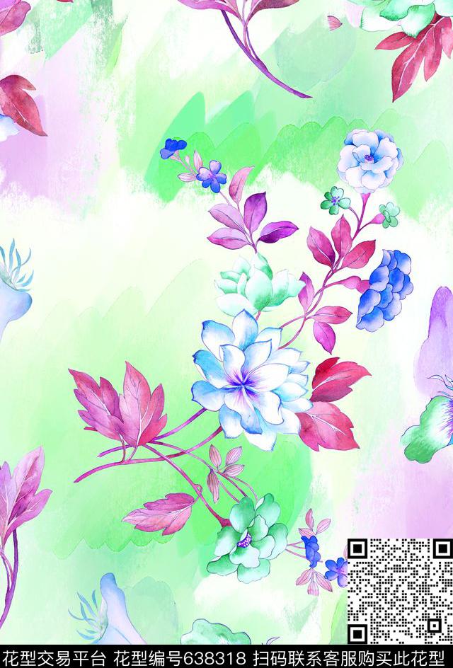 水彩花卉欧美花朵数码印花华亿平台下载（图片编号: 638318） - 瓦栏（Walan）