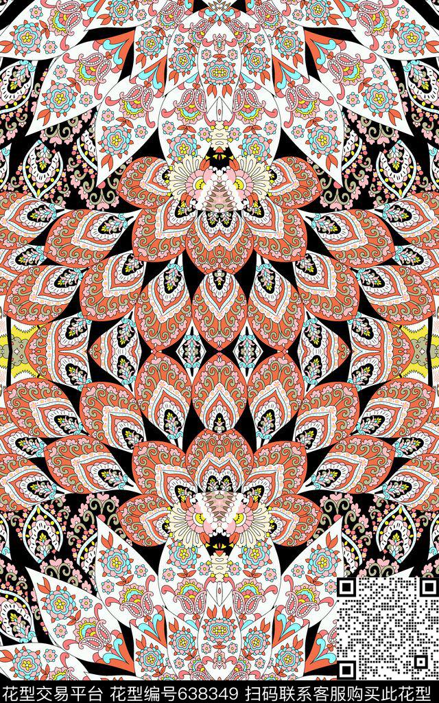 花卉对称花几何传统印花华亿平台下载（图片编号: 638349） - 瓦栏（Walan）