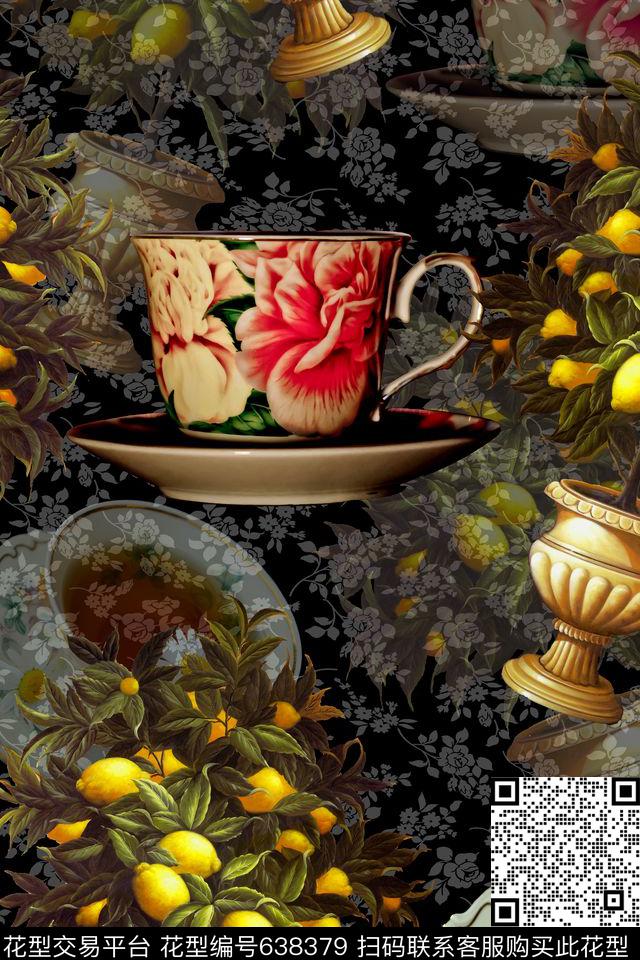 花卉。柠檬。杯子数码印花华亿平台下载（图片编号: 638379） - 瓦栏（Walan）