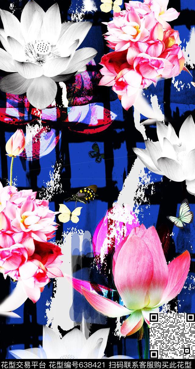 花朵荷花格子数码印花华亿平台下载（图片编号: 638421） - 瓦栏（Walan）