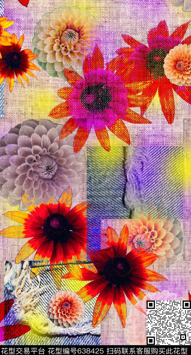 大花花朵布纹拼接数码印花华亿平台下载（图片编号: 638425） - 瓦栏（Walan）