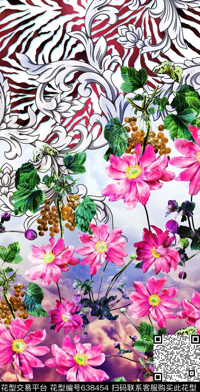 花卉、巴洛克花纹、斑马纹、云彩底纹定位花数码印花华亿平台下载（图片编号: 638454） - 瓦栏（Walan）
