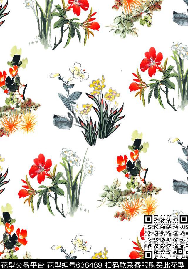 兰花花朵花卉传统印花华亿平台下载（图片编号: 638489） - 瓦栏（Walan）
