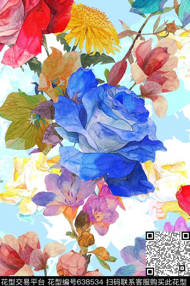 女装花卉水彩数码印花华亿平台下载（图片编号: 638534） - 瓦栏（Walan）