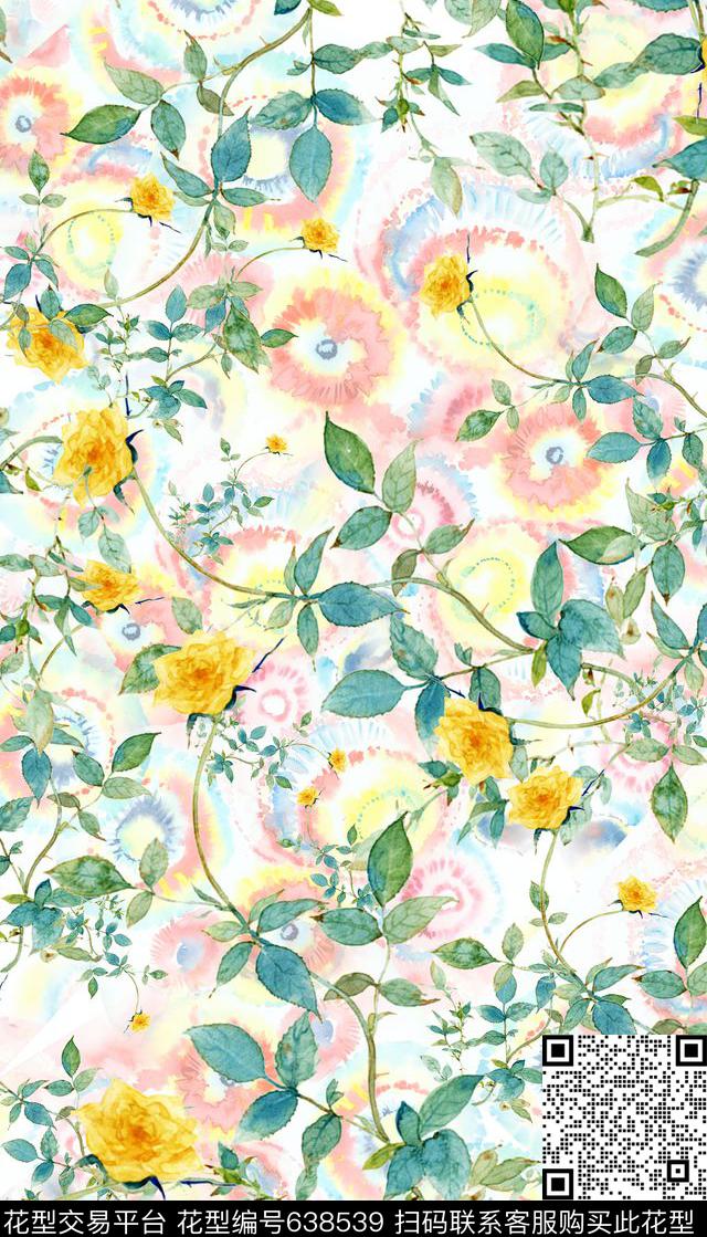 手绘清新水彩花卉女装数码印花华亿平台下载（图片编号: 638539） - 瓦栏（Walan）