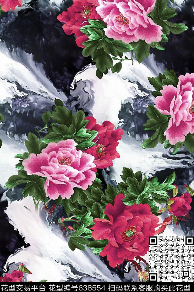 中国风图案抽象手绘满版花卉最新高清数码水墨纹理数码印花华亿平台下载（图片编号: 638554） - 瓦栏（Walan）