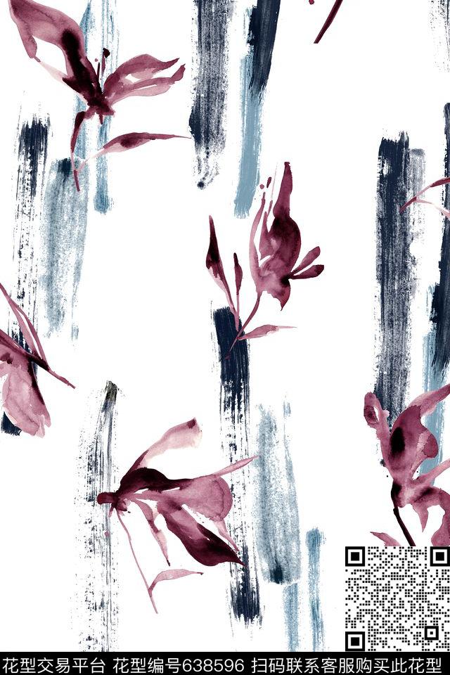 水墨花卉笔触抽象传统印花华亿平台下载（图片编号: 638596） - 瓦栏（Walan）
