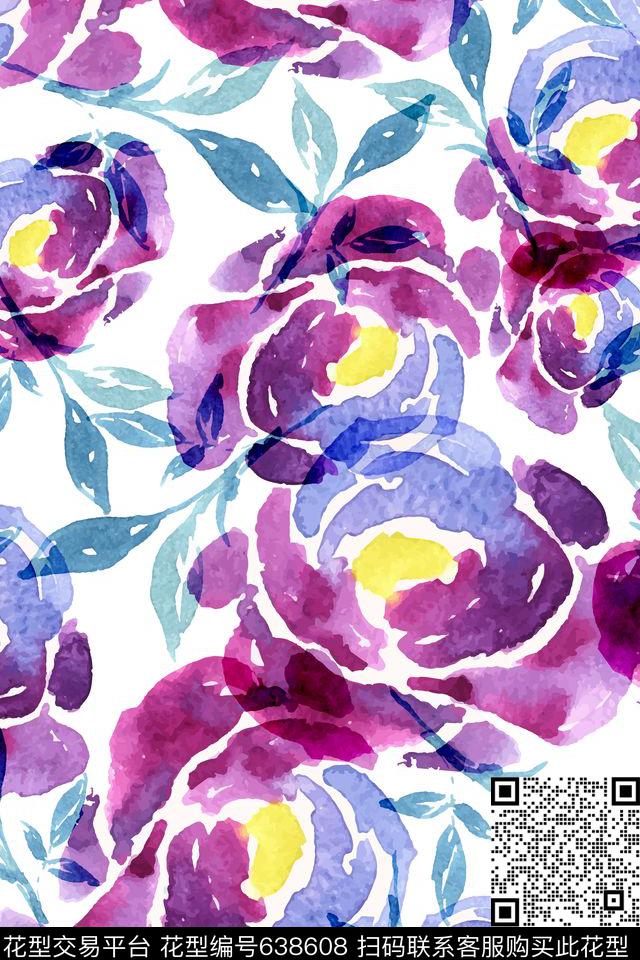 手绘水彩花卉大花清新时尚流行数码印花华亿平台下载（图片编号: 638608） - 瓦栏（Walan）